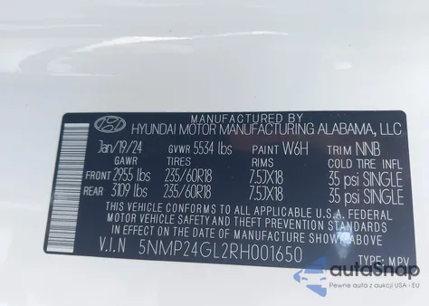 2024 Hyundai Santa Fe Sel from USA, damaged, VIN 5NMP24GL2RH001650